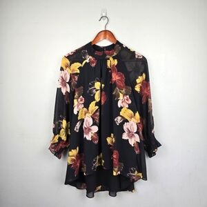 DR2 Flowy Floral Sheer Sleeve Blouse‎ Multicolor Womens Size L Dressy Office